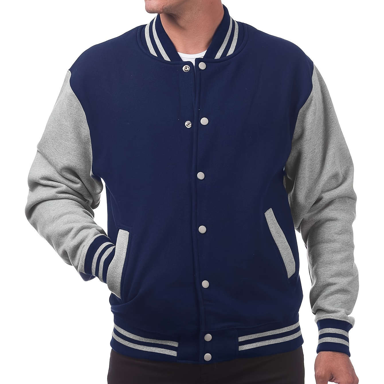 

Men's Varsity Style Contrast Color Long Sleeve And Button Down Baseball Jacket With Stand Collar And Pockets, Chic And Casual Sports Jacket For Spring And Autumn Outdoors Activities