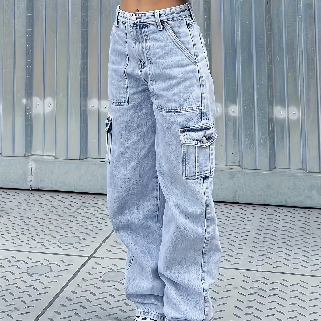 

Plain Washed Flap Pocket Streetwear Loose Fit Cargo Jeans Denim Pants, Women's Denim Jeans & Clothing