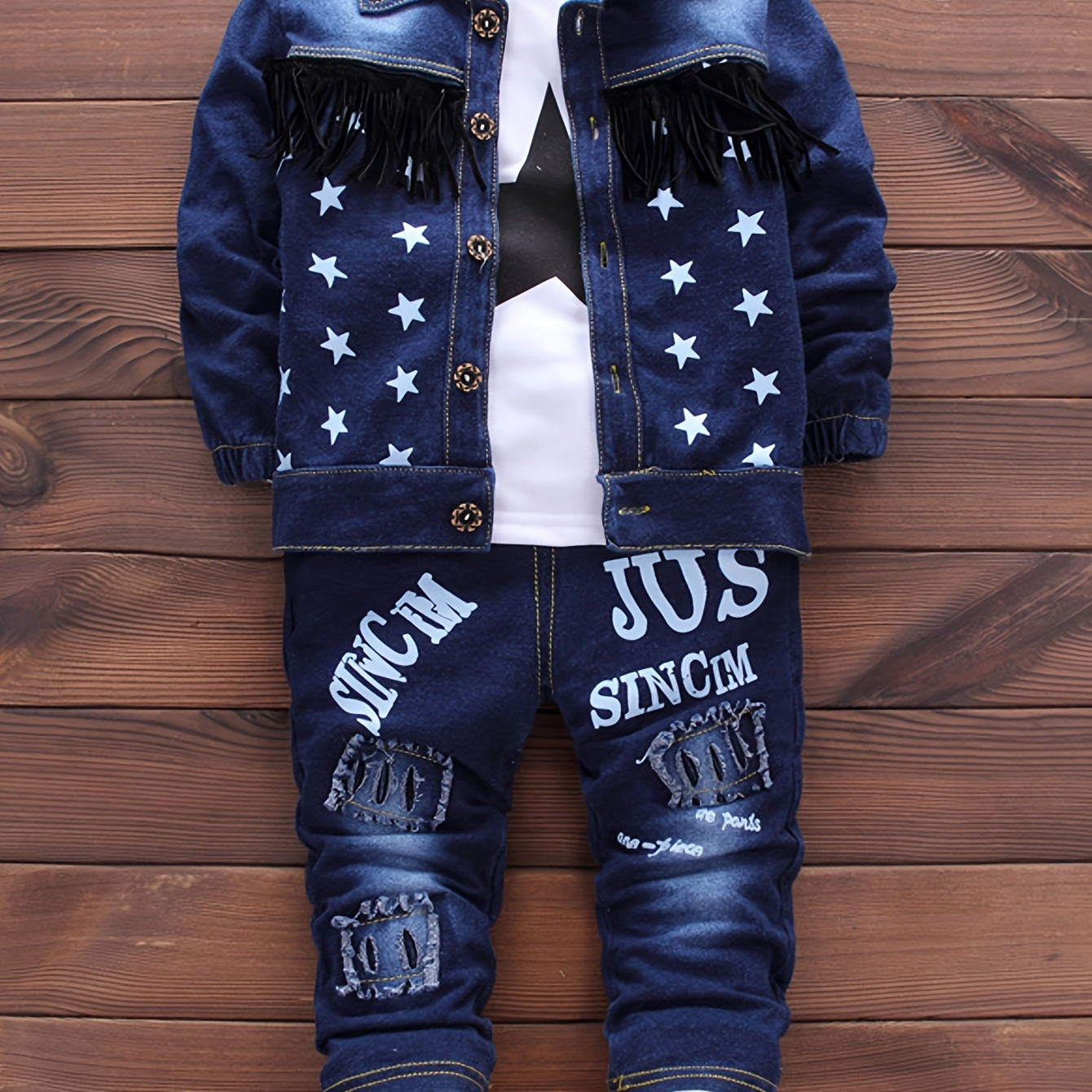 

Baby Boys 2-piece Outfit Set, Fashion Spring/autumn Casual Denim Jacket With Tassels And Jeans, Star Pattern, Denim Clothing