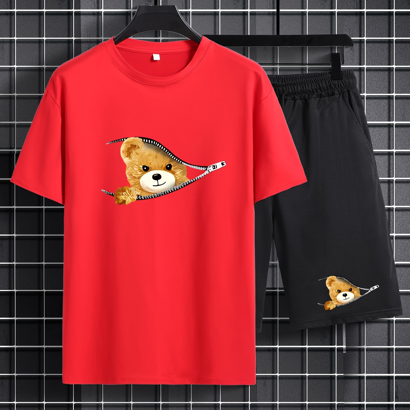 

Plus Size Men's Cartoon Bear Graphic Print T-shirt & Shorts Set For Summer, Men's Clothing