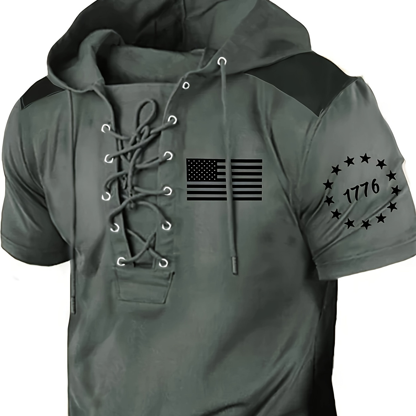 

American Flag Pattern Hooded Short Sleeve Sweatshirt With Tied Henley Neck, Chic And Trendy Hoodie For Men's Summer Outdoors Wear