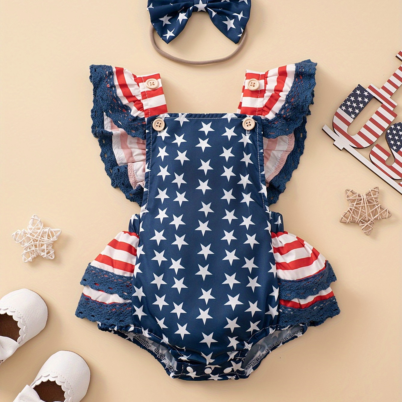 

Baby's Independence Day Stripe Star Pattern Bodysuit, Ruffle Decor Layered Triangle Romper, Toddler & Infant Girl's Clothing For Summer