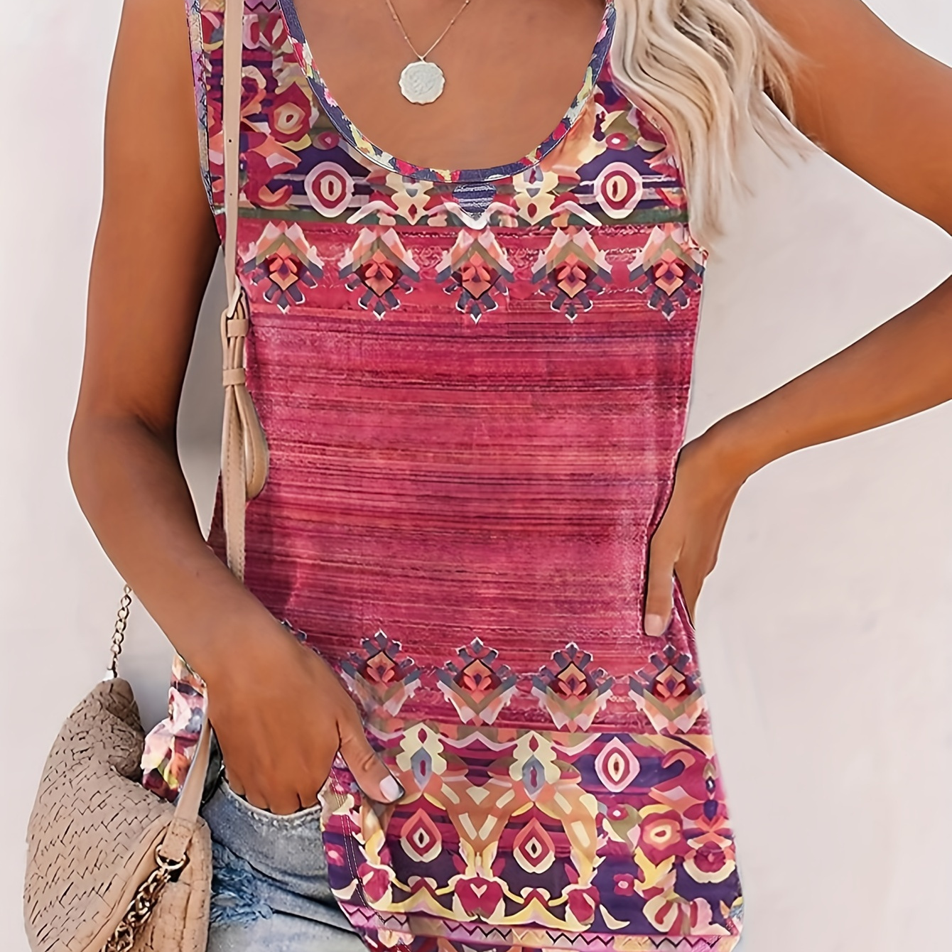 

Ethnic Floral Print Crew Neck Tank Top, Casual Sleeveless Top For Spring & Summer, Women's Clothing