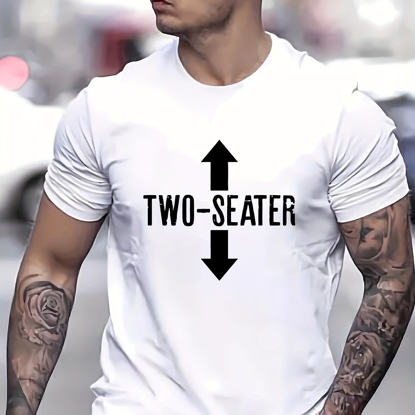 

Two-seater Print, Men's Round Crew Neck Short Sleeve, Simple Style Tee Fashion Regular Fit T-shirt, Casual Comfy Top For Spring Summer Holiday Leisure Vacation Men's Clothing As Gift