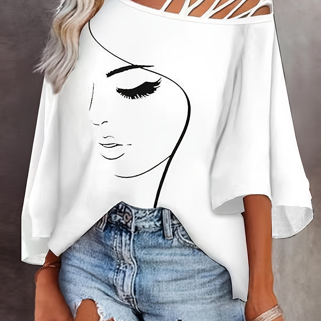 

Figure Print Cold Shoulder -shirt, Casual Half Sleeve T-shirt For , Women's Clothing