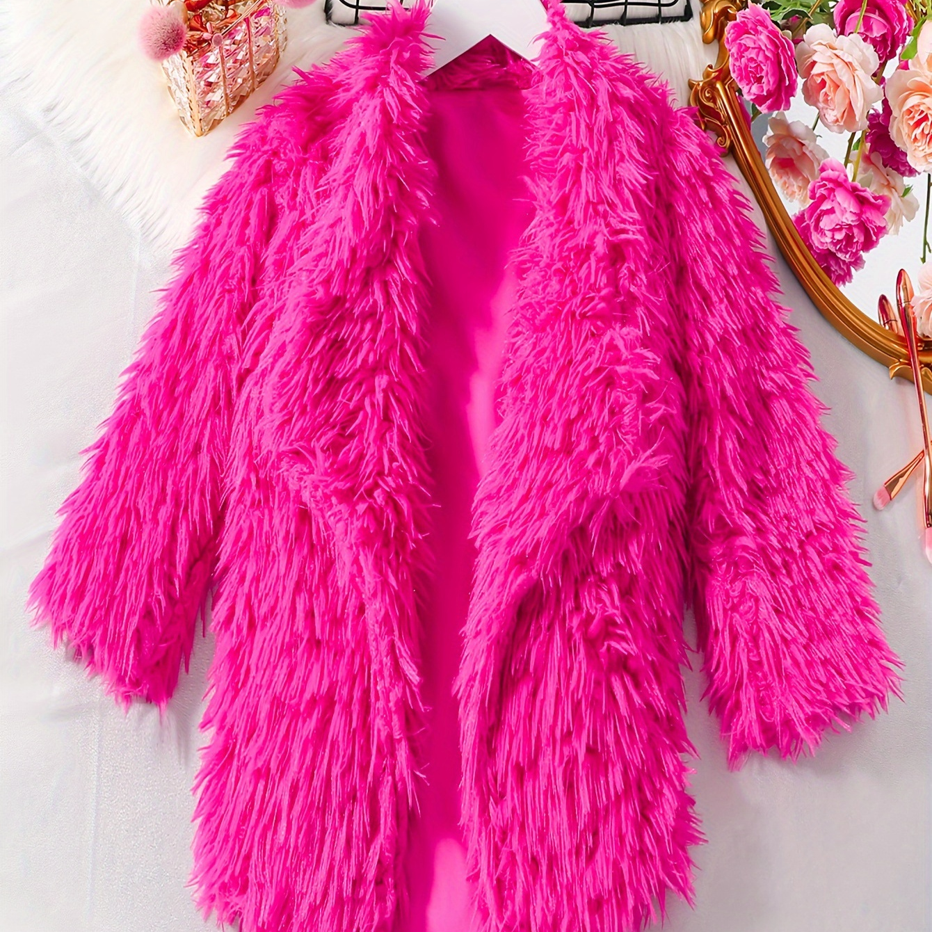 

Romantic Furry Cardigan For Girls, Lapel Collar Open Front Long Sleeve Imitation Fox Furry Coats