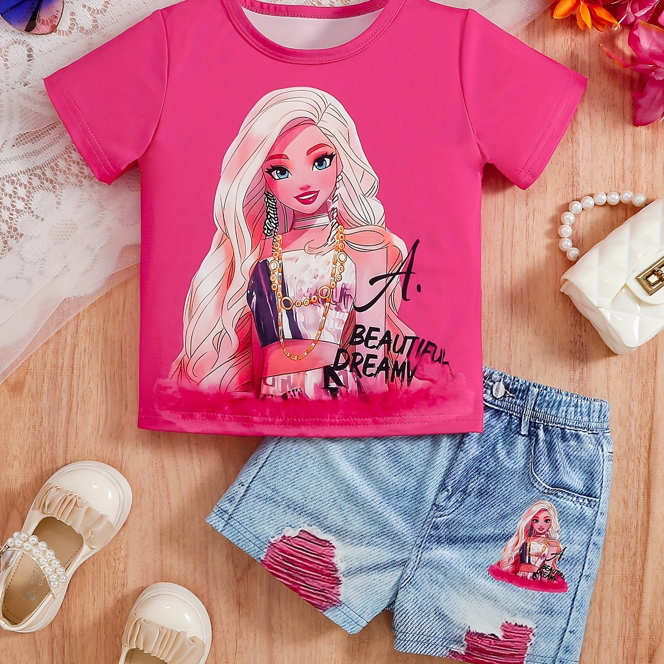 

Celebrity Cartoon Print Girls 2pcs Short Sleeve Top + 3d Graphic Shorts Set, Casual Holiday Summer Outfit