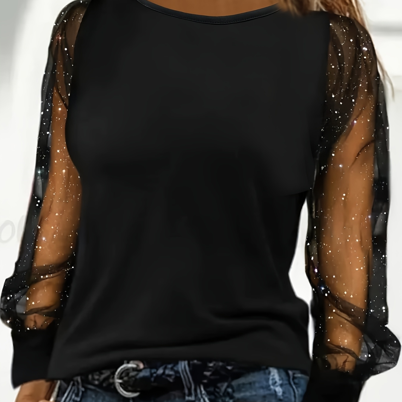 

1pc Elegant Women's Crew Neck Top With Mesh Sleeves, Solid Color Polyester Knit Fabric, Casual Loose Fit For Spring/fall - Medium Stretch