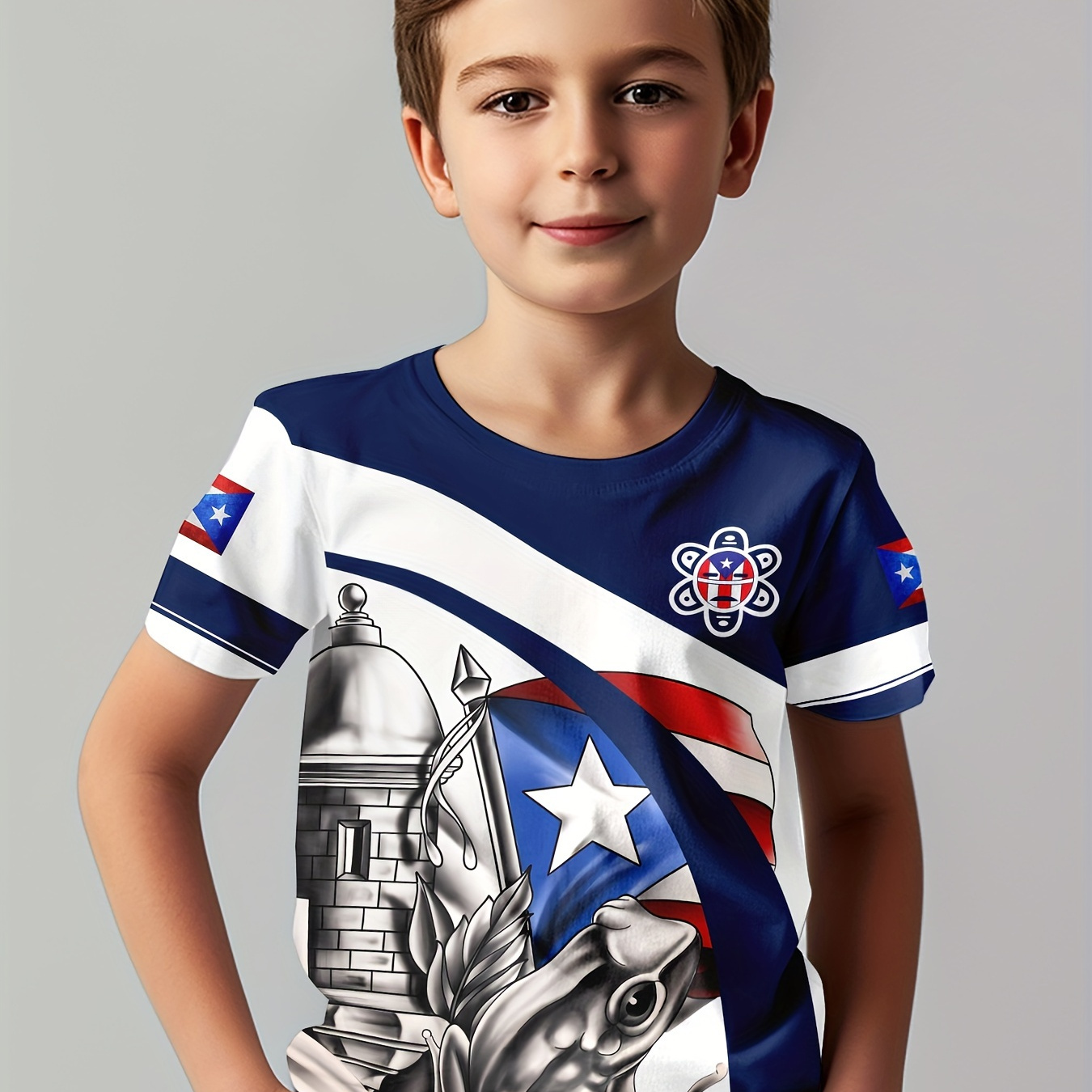 

Puerto Rico Boy's 3d Pattern T-shirt, Casual Short Sleeve Crew Neck Versatile Summer Clothing