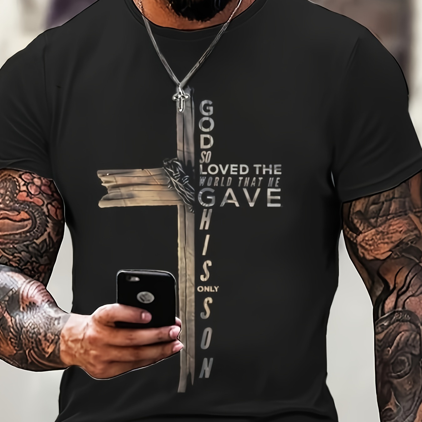 

Cross Print T-shirt, Men's Casual Street Style Stretch Round Neck Tee Shirt For Summer