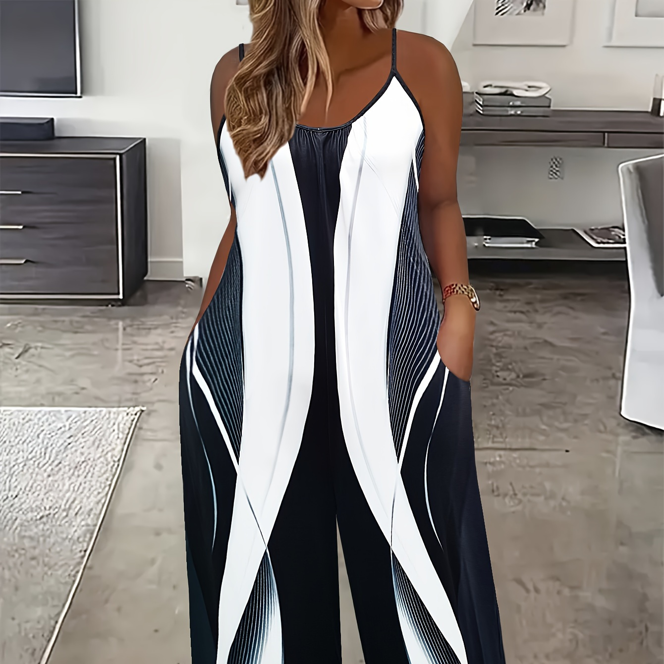 

Plus Size Cami Jumpsuit, Casual Sleeveless Jumpsuit With Pockets For Summer, Women's Plus Size clothing