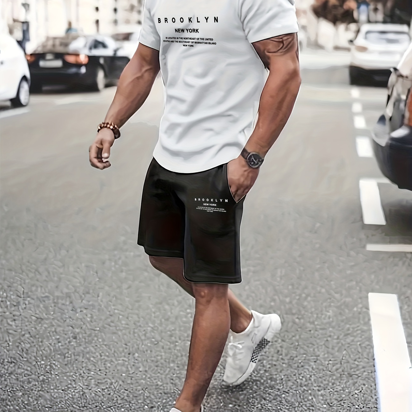 Brooklyn Print Short Sleeve Casual T-shirt & Solid Drawstring Shorts Set, 2pcs Men's Comfy Summer Outfit