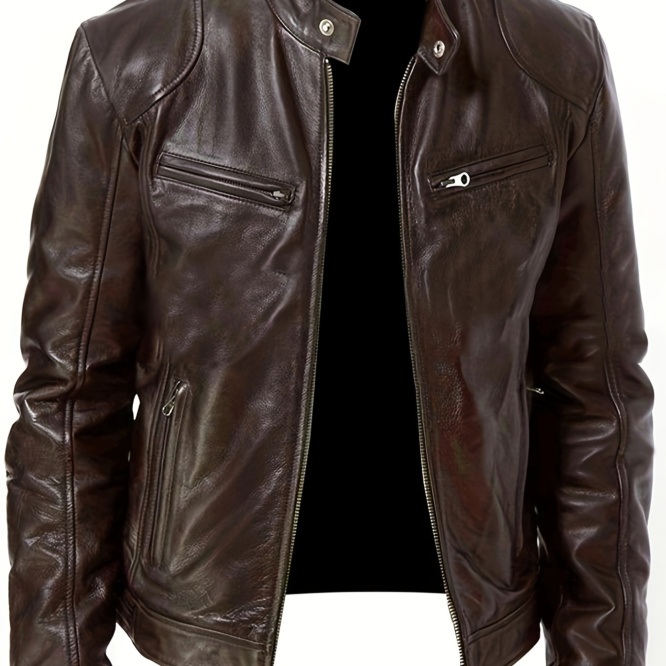 Chic PU Leather Jacket, Men's Casual Solid Color Zip Up Thin Jacket For Spring Fall