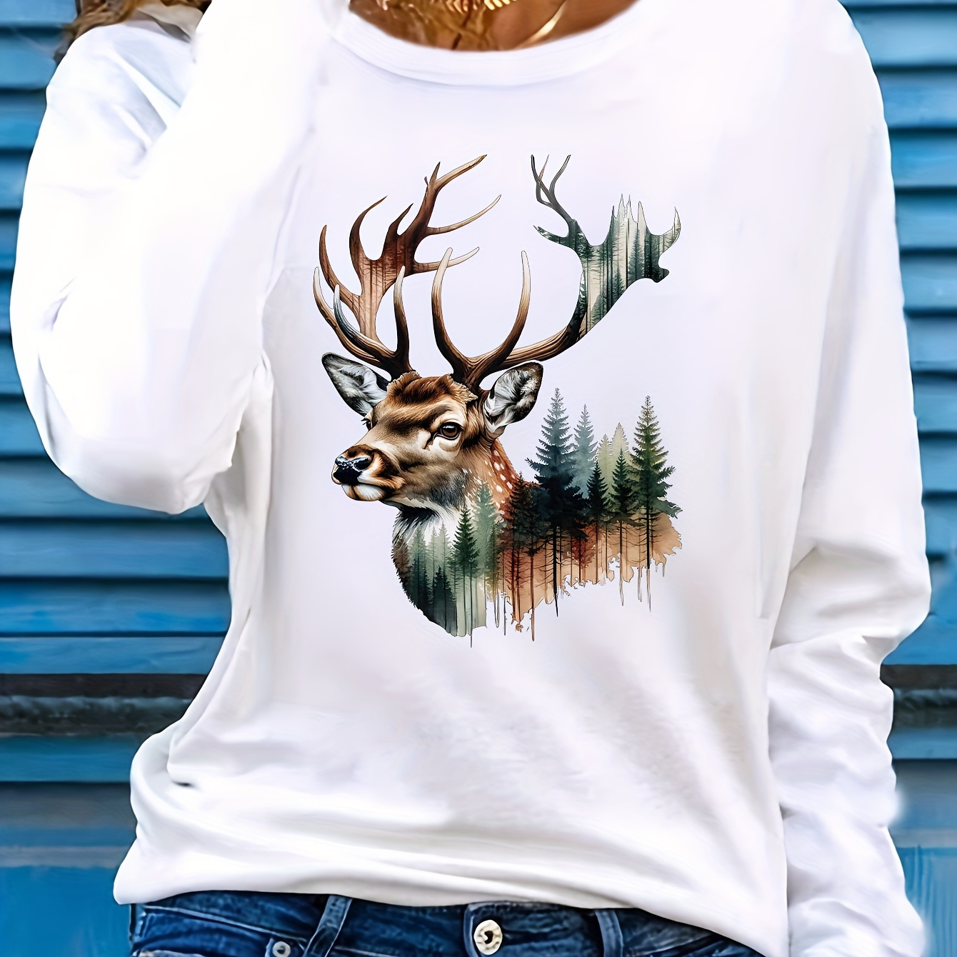 

Women's Casual Long Sleeve Crew Neck T-shirt With Deer , Polyester Knit Fabric, Regular Fit Pullover For Spring & Fall