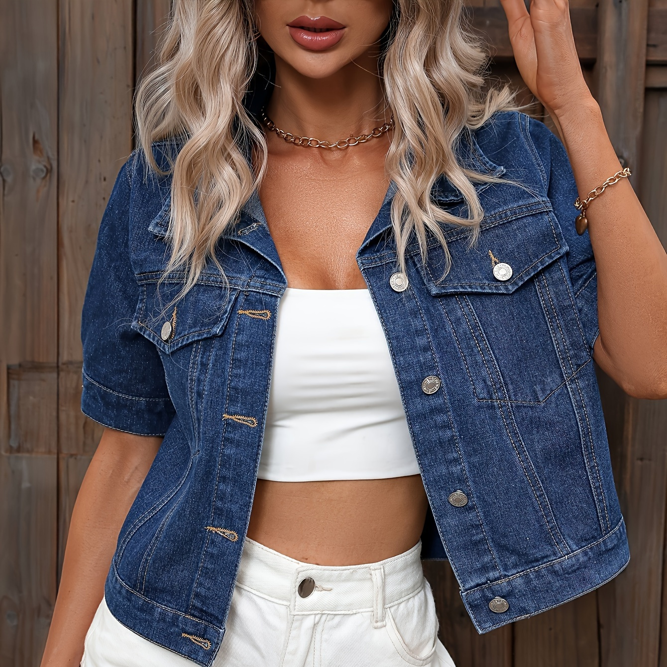 

Women's Chic Cropped Denim Jacket, Single Breasted With Flap Pockets & Short Sleeves, Elegant Style For Versatile Casual Wear