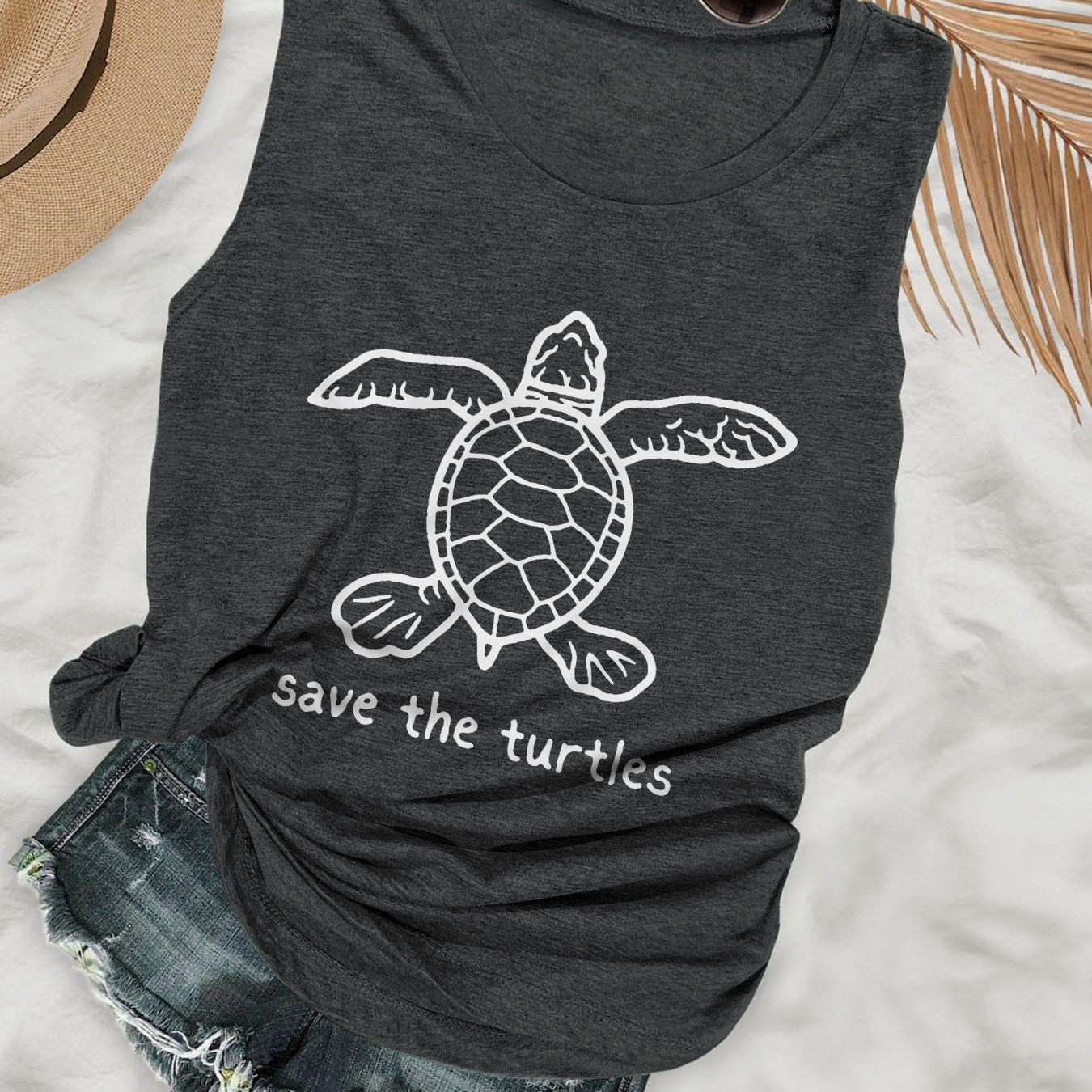 

Turtle Print Tank Top, Sleeveless Casual Top For Summer & Spring, Women's Clothing