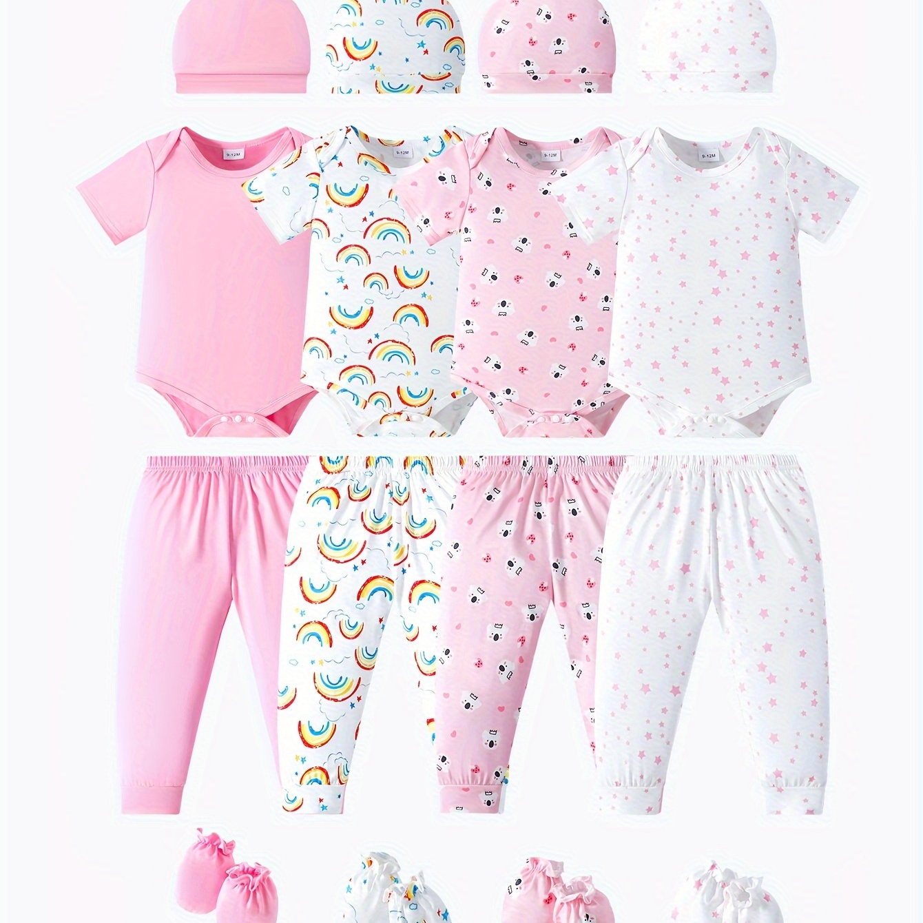 

4 Sets Of Newborn Baby Clothes Outfits, Solid Color & Rainbow & Stars & Cartoon Print 16pcs Outfits Gifts - 4pcs Toddler's Rompers + 4 Pairs Of Pants + 4 Hats + 4 Pairs Of Gloves Sets