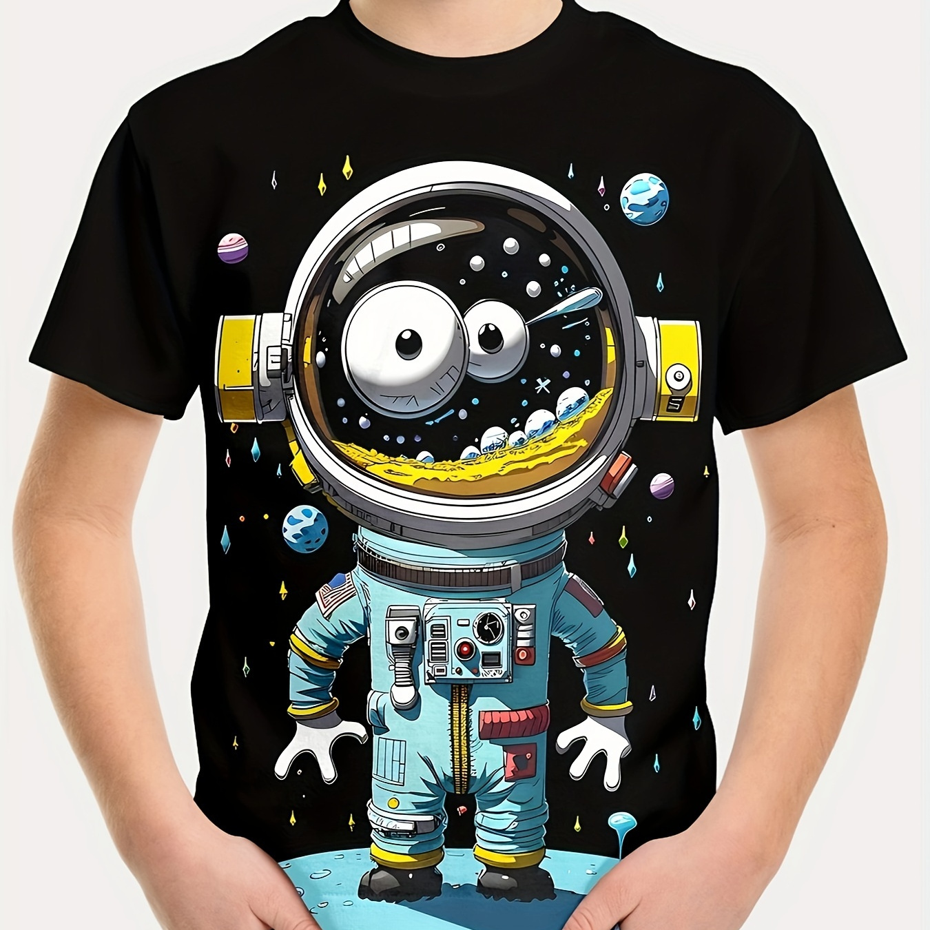 

Cartoon Astronaut Print Boy's Novelty T-shirt, Short Sleeve Comfy Tee Tops, Summer Outdoor Sports Clothing