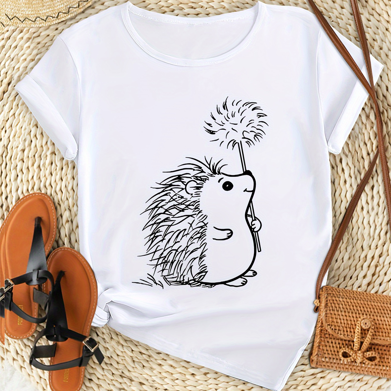 

Women's Casual Hedgehog T-shirt - Comfy Polyester, Crew Neck, Short Sleeve, Machine Washable - Summer