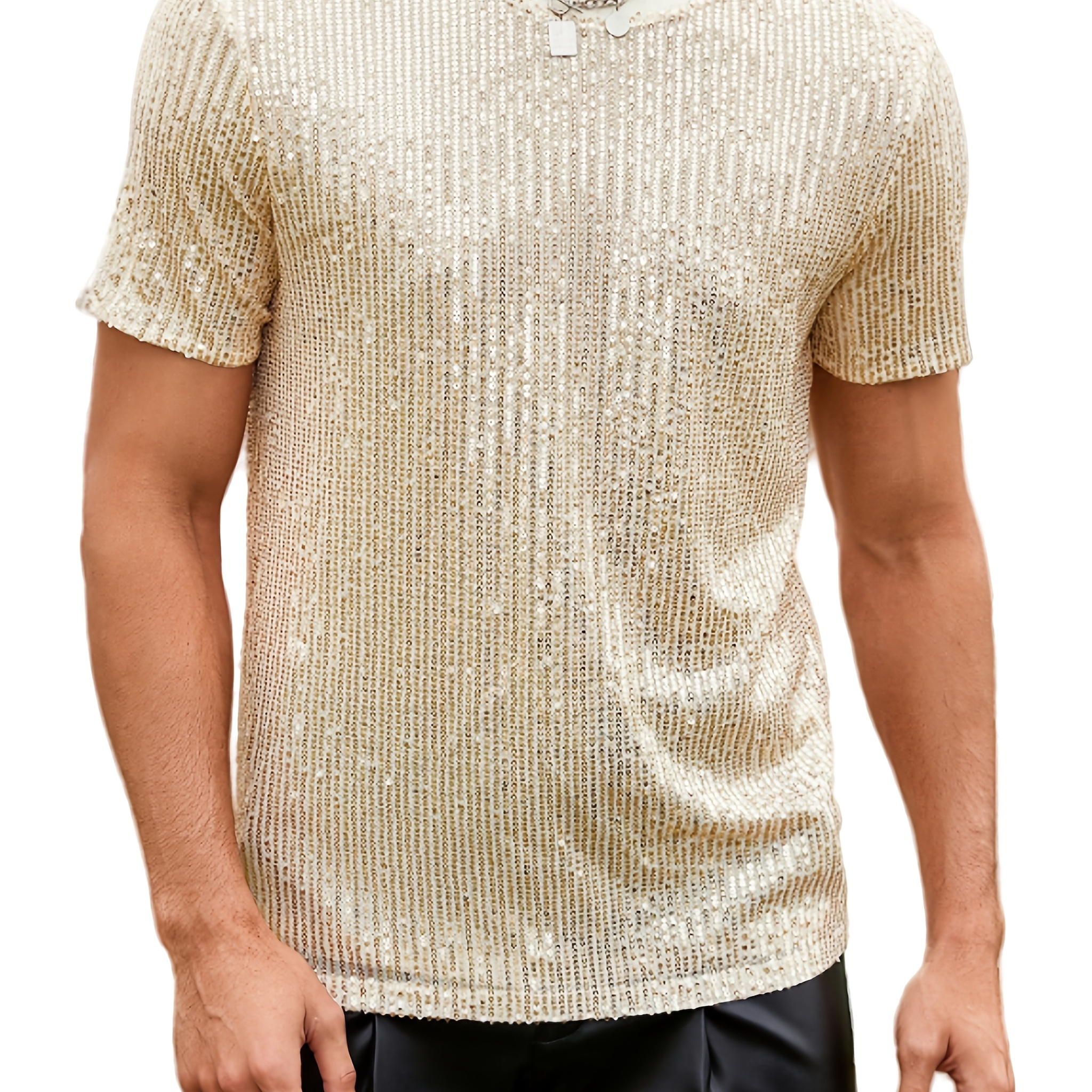 

Men's Sequin T-shirt, Sexy Crew Neck Short Sleeve Knit Fabric Top, 50% Polyester 50% Nylon, Non-stretch Solid Color Regular Fit Tee