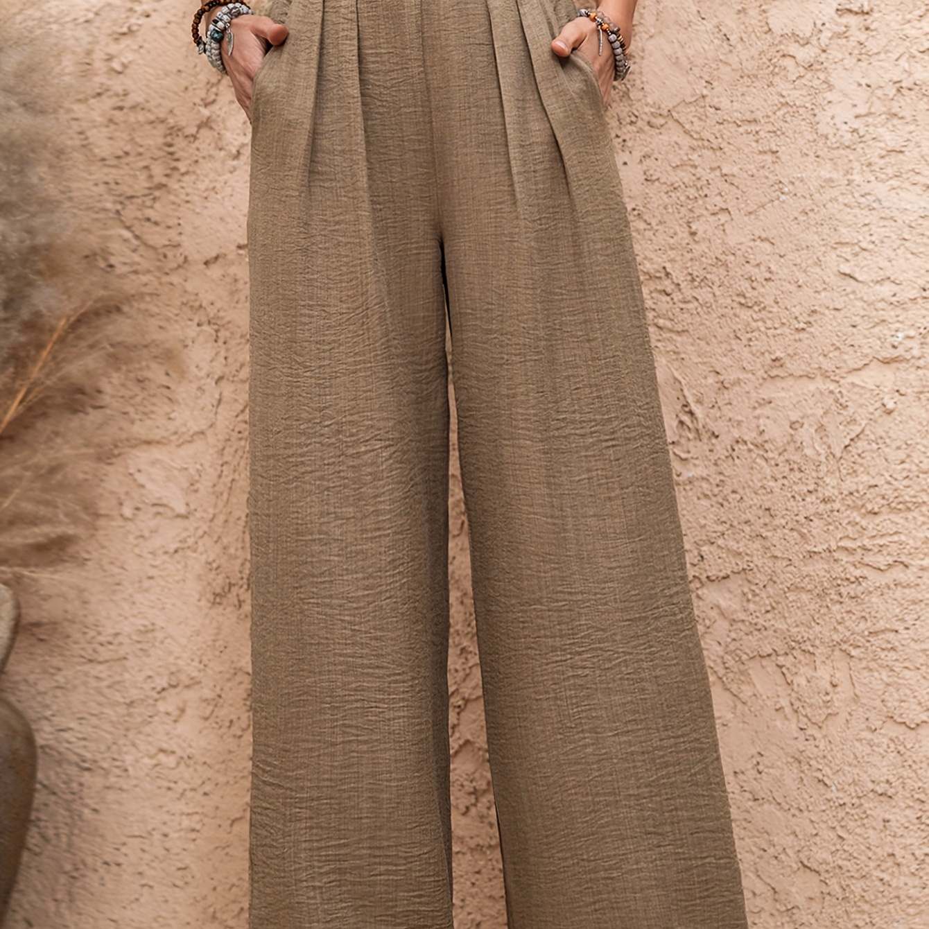 

Women's Casual Solid Color Wide-leg Pants - High Waist, Loose Fit, Polyester, Machine Washable - Spring/summer/fall