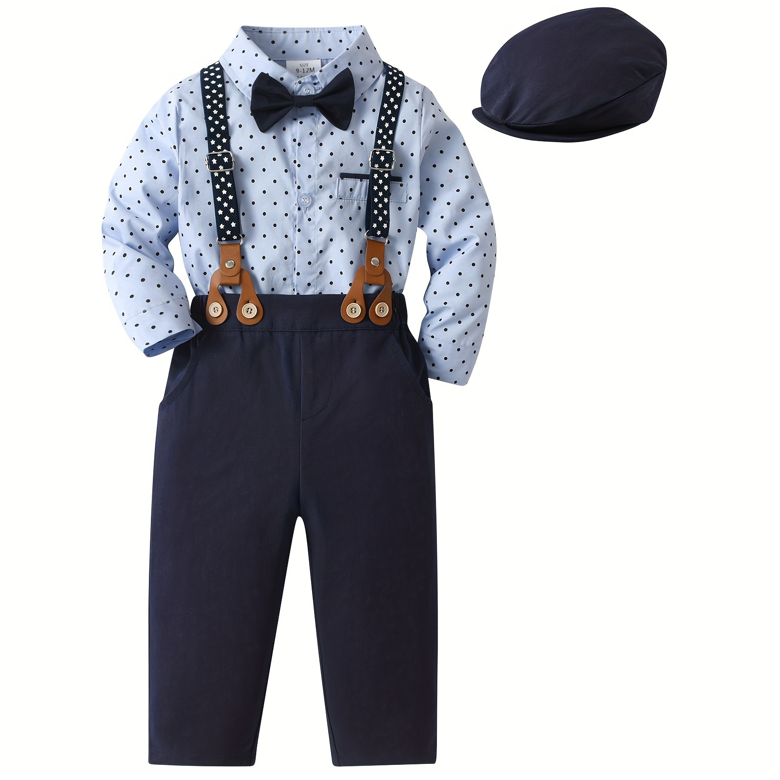 

Polka Dots Pattern Gentleman Outfit For Infant & Toddler, Bowtie Bodysuit & Hat & Bib Pants Set, Formal Wear For Photography Birthday Party, Baby Boy's Clothes