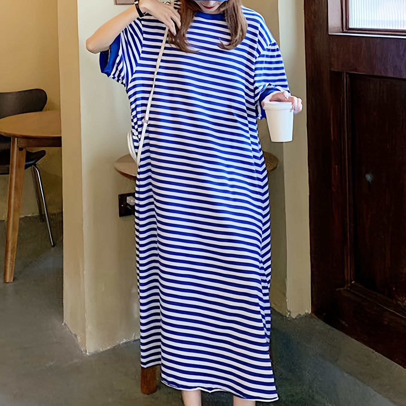 

Women's Stripe Print Casual Loose Fit Lounge Dress, Drop Shoulder Half Sleeve Round Neck Maxi Dress, Comfortable Nightgown