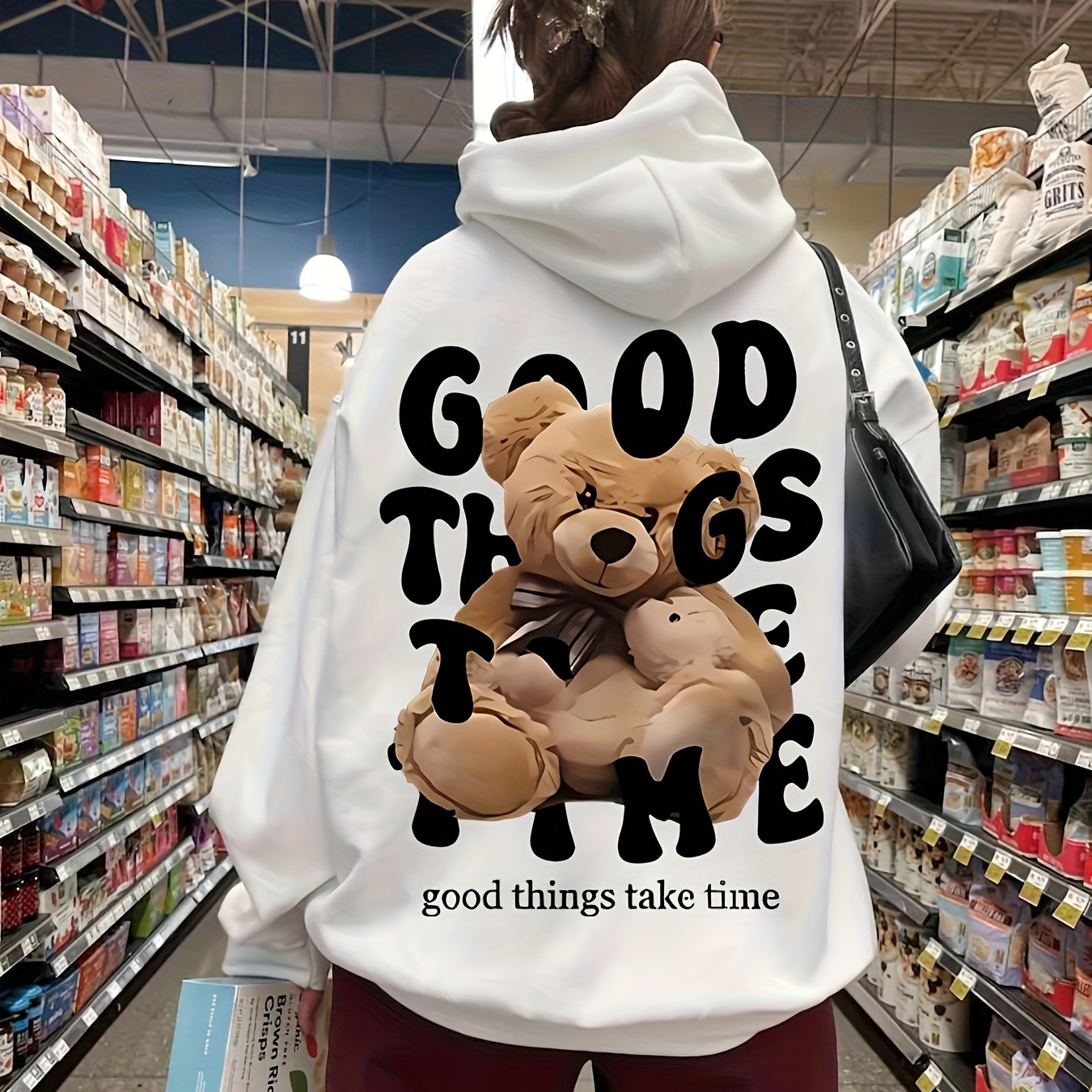 

Women's Inspirational Teddy Bear Print Hoodie - 100% Polyester Casual Style With Hood, Geometric & Alphabet Pattern, Pocket Detail, Knitted Fabric For Fall/winter