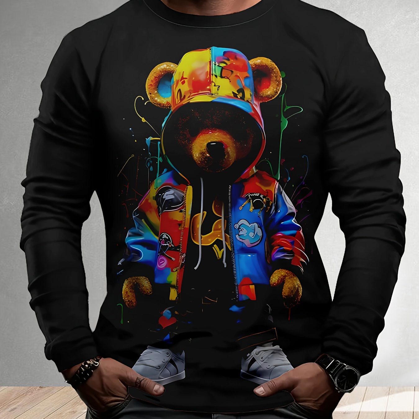 

Men's 3d Teddy Long Sleeve T-shirt, Casual Crew Neck Polyester Top, Streetwear Fashion, All- Fit For Adults And Teens, Spring/fall Knit Fabric, 100% Polyester, 140g/m² - Weekend Casual Wear