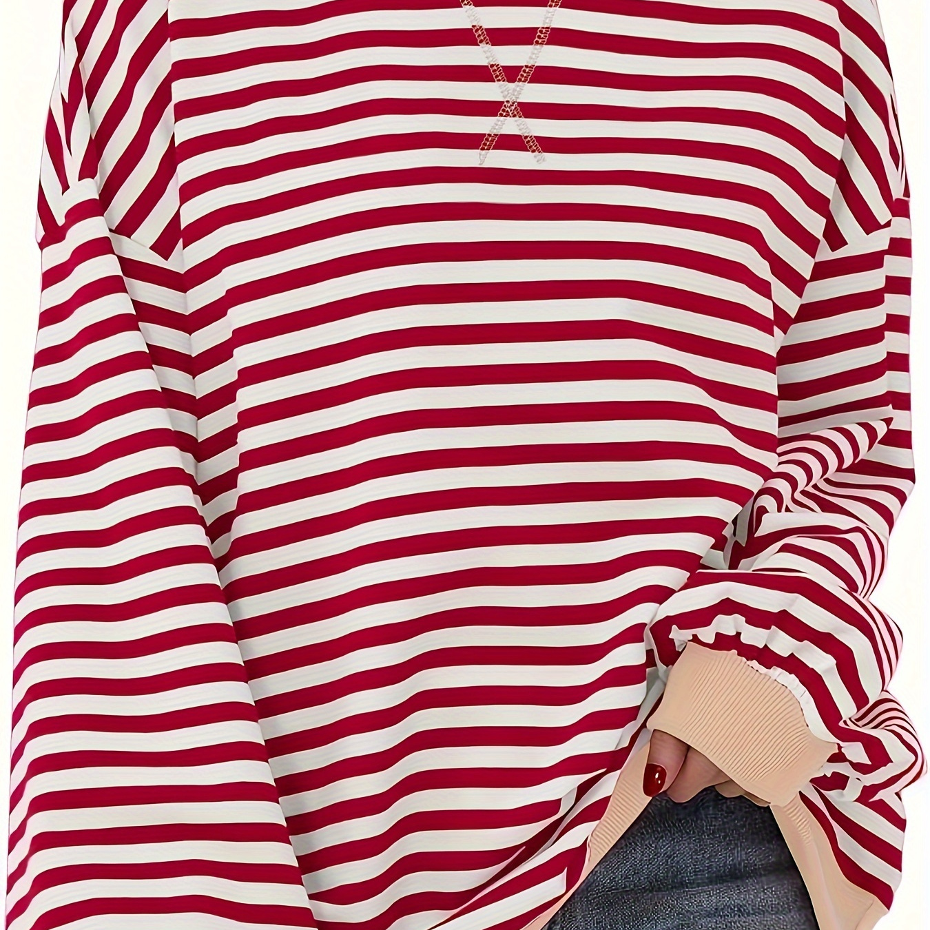 

Pullover rayé à épaules tombantes, sweat-shirt décontracté à col rond à manches longues pour l'automne et l'hiver, vêtements pour femmes