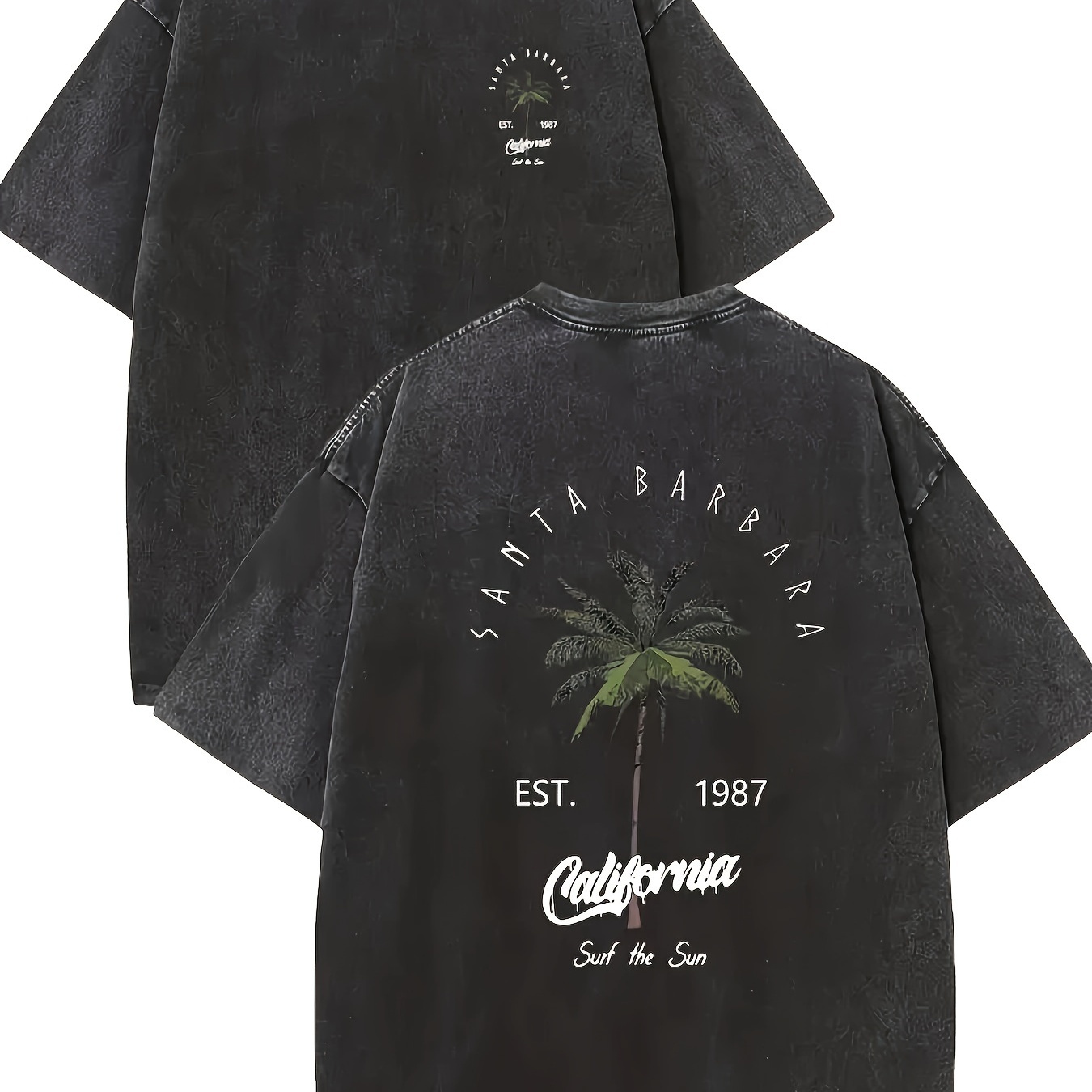 

Coconut Tree Print Washed Retro Dyed Pure Cotton Men's T-shirt, Casual Loose Fit, Round Neck, Summer, Pattern Details, Machine Washable