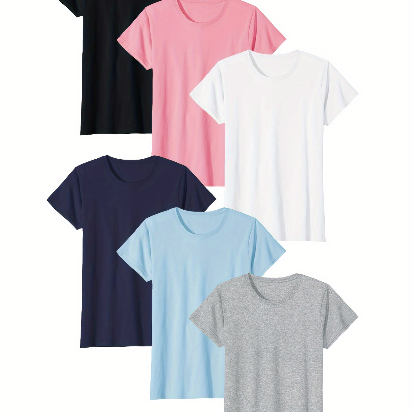 

Solid Color Crew Neck T-shirt 6 Packs, Casual Short Sleeve Casual Top For Spring & Summer, Women's Clothing