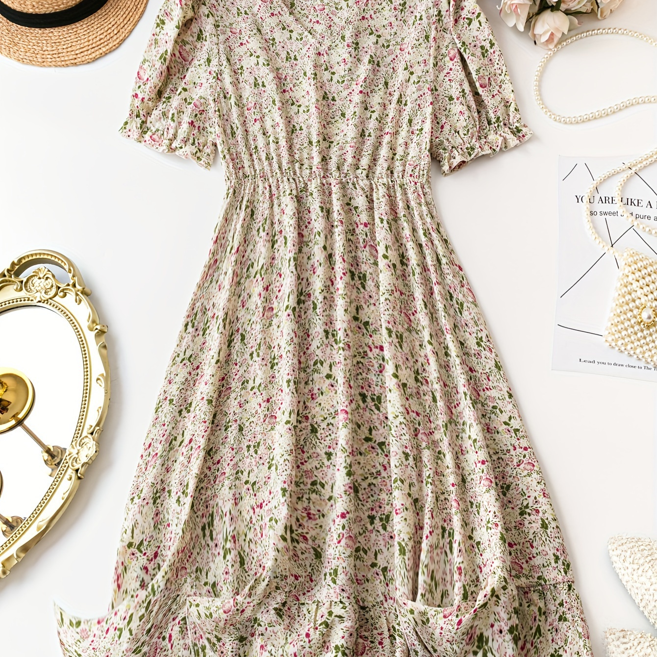 

Plus Size Floral Print Cinched Waist Dress, Casual V Neck Short Sleeve Dress For Spring & Summer, Women's Plus Size Clothing