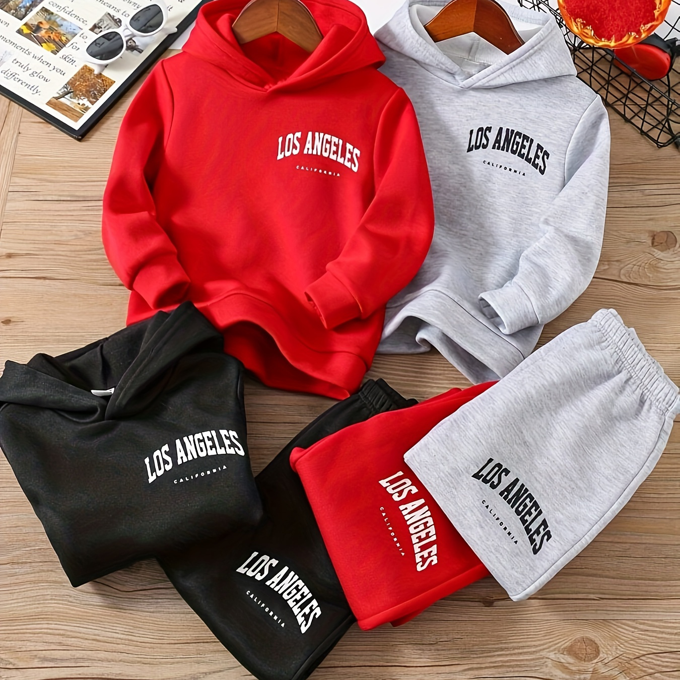 

3 Sets - Boys Los Angeles Letter Print Casual Long Sleeve Hoodies & Elastic Waist Pants For Autumn And Winter, Warm & Cozy - 6pcs In Total