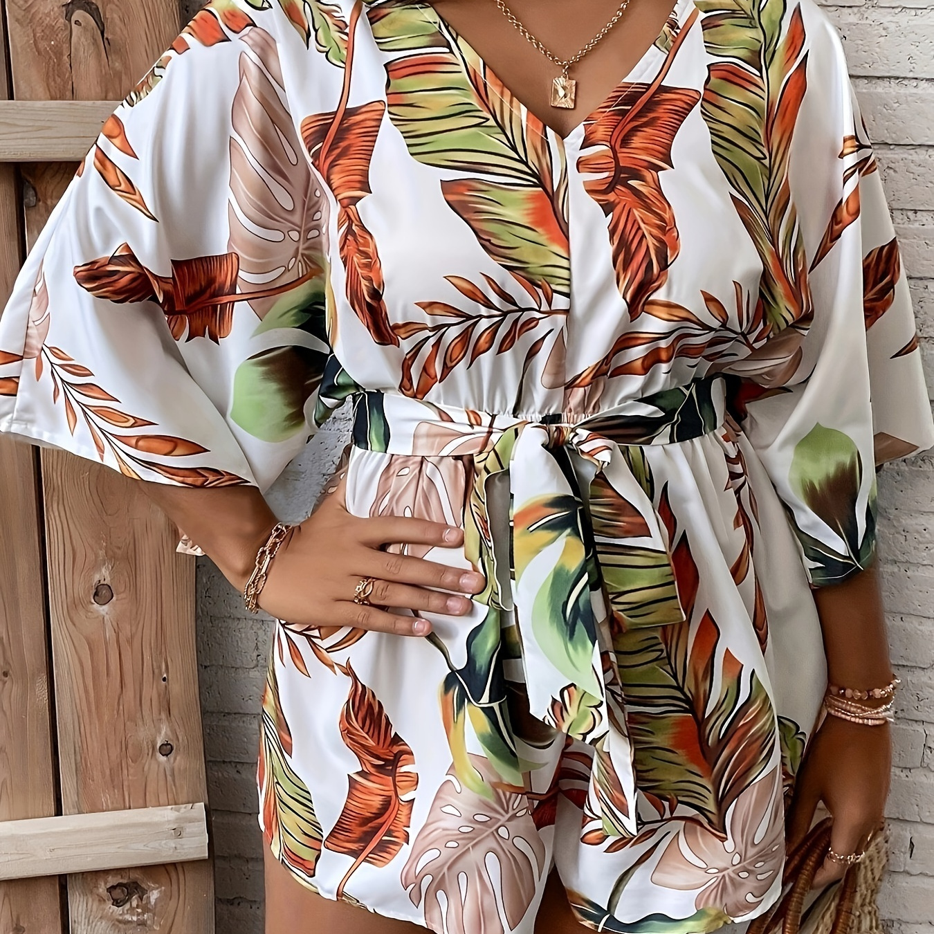 

Plus Size Plant Print Belted Romper Jumpsuit, Casual V Neck 3/4 Sleeve Romper Jumpsuit, Women's Plus Size Clothing