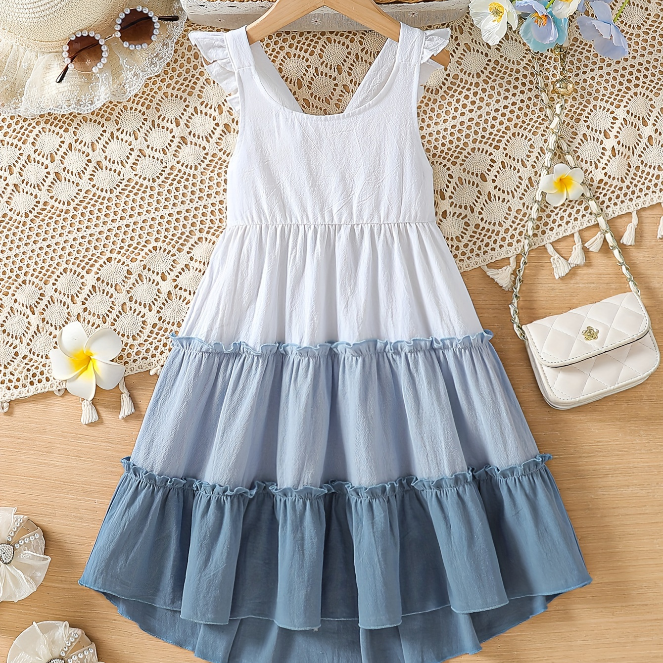 

100% Cotton, Casual Color Matching Ruffle Trim Sleeveless Dress For Girls Summer Holiday Party Gift