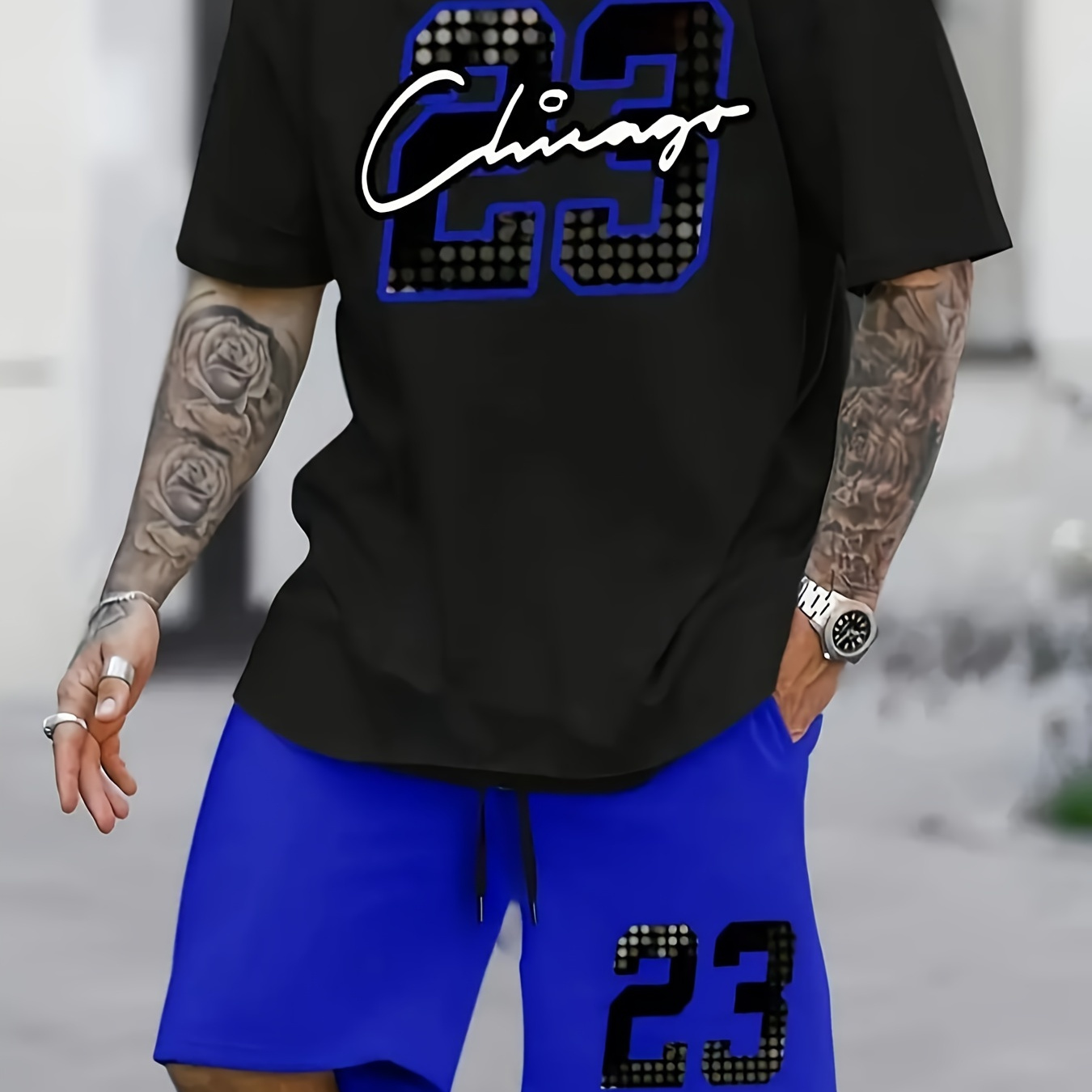 

2pcs Plus Size Men's Summer Casual Set, Number 23 Print Short Sleeve Crew Neck T-shirt And Shorts, Sports And Leisure Style