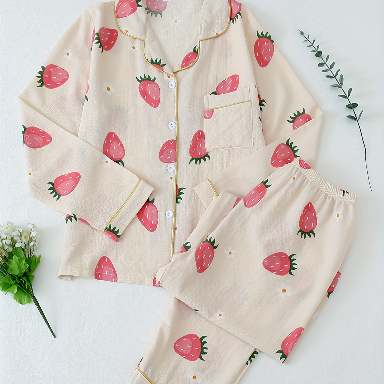 

Women's Sweet Allover Strawberry Print Pajama Set, Long Sleeve Buttons Lapel Top & Pants Comfortable Relaxed Fit For Fall