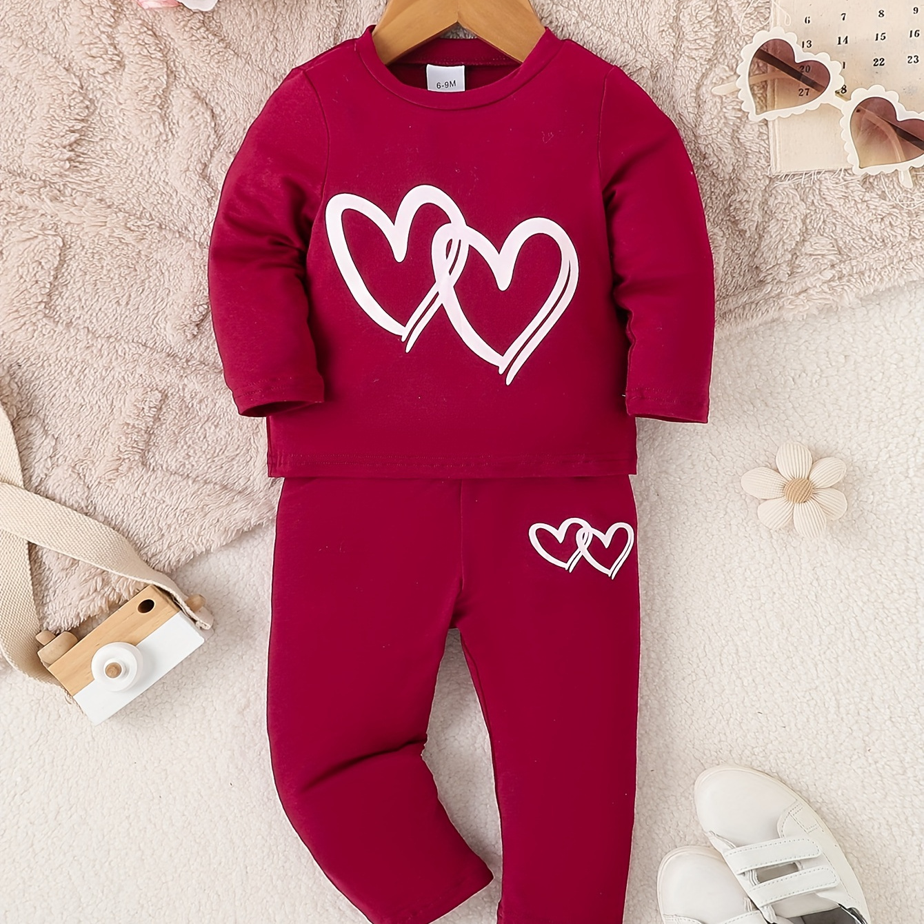 

Ensemble à Imprimé Cœur pour Bébés Filles - Manches Longues et Pantalon, Mélange de Coton Confortable, Lavable en Machine - pour /Hiver