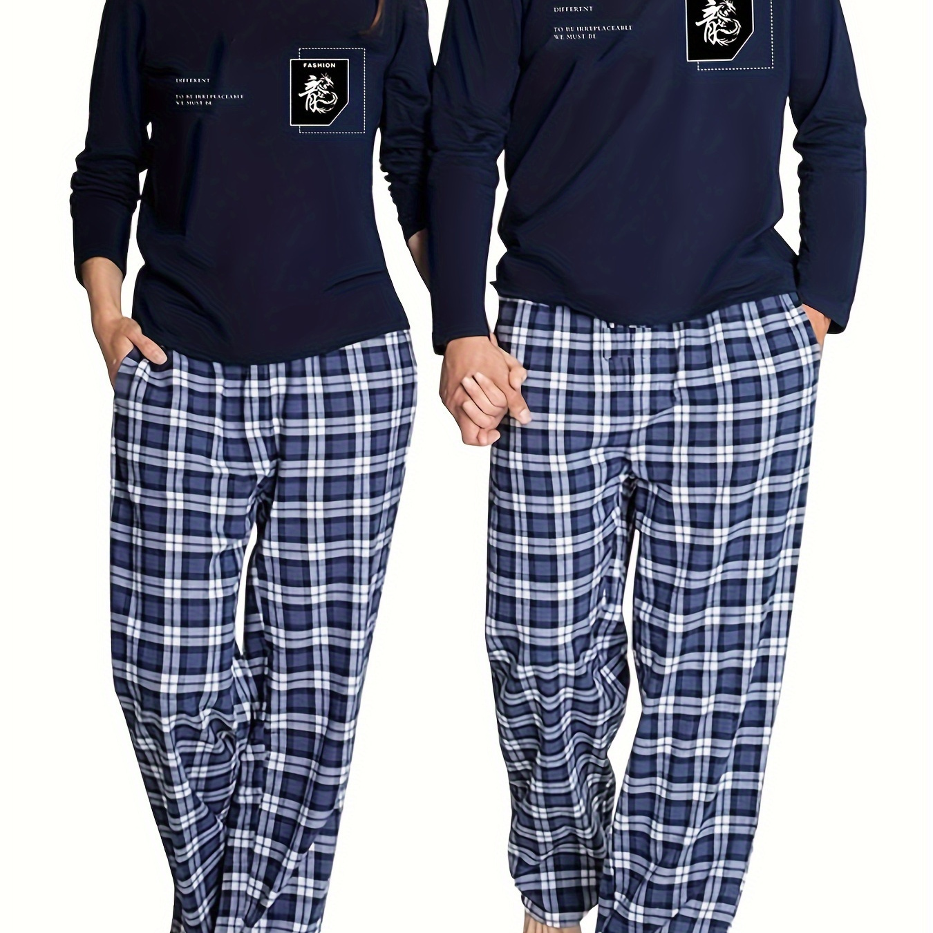 

2 Pieces Men' Letter Long Top & Trousers Set, Comfortable & - Pajamas For