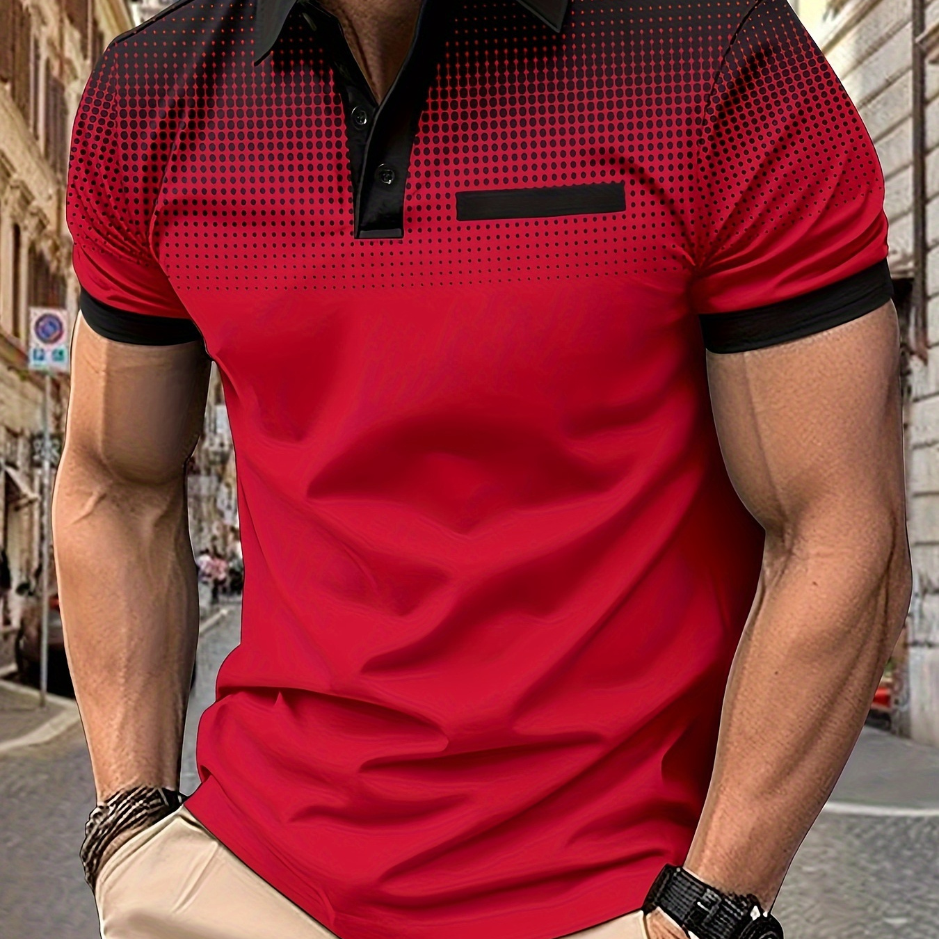 

Men's Short-sleeved Lapel Polo T-shirts With Gradient Print, Versatile For Sports And Casual Wear
