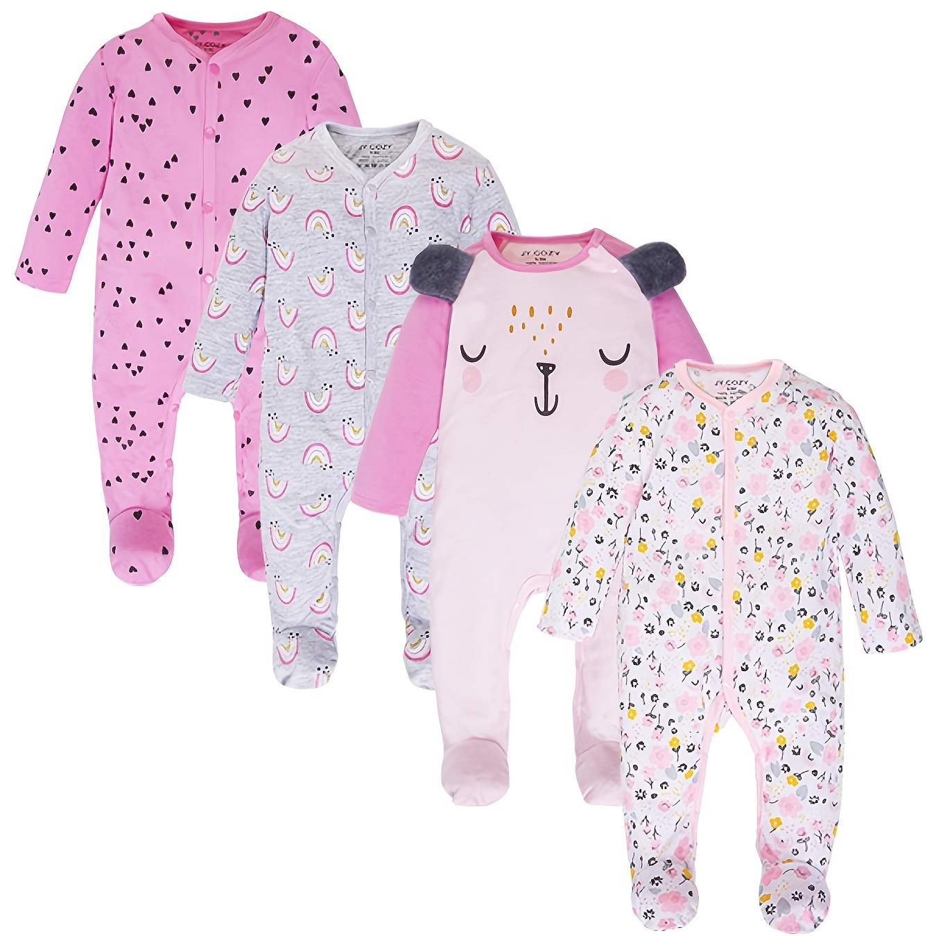 

4pcs Newborn Baby Girl Cute Graphic Cotton Footed Romper, Comfortable Breathable Baby Bodysuit 0-12m