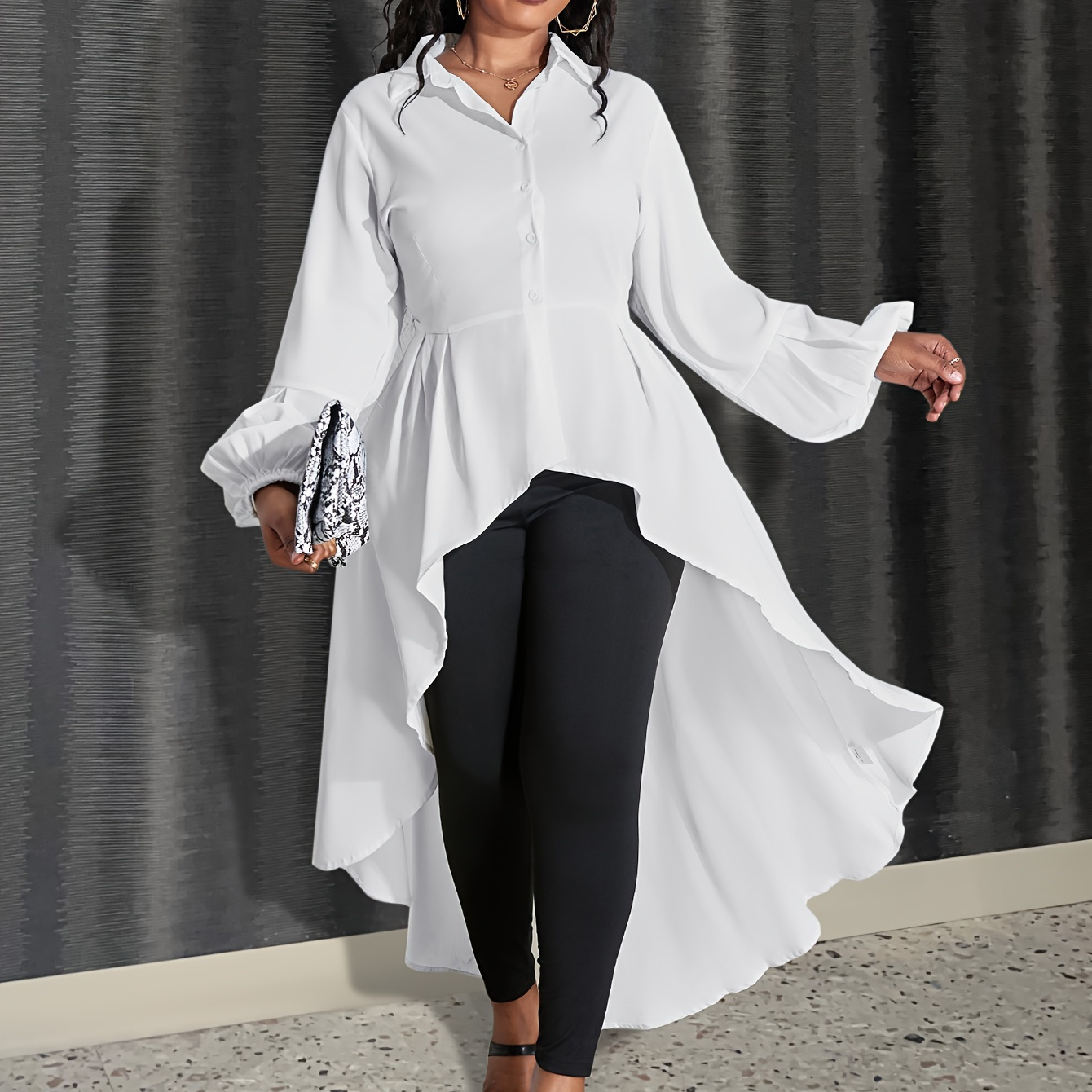 

Plus Size Casual Blouse, Women's Plus Solid Button Up Lantern Sleeve Neck Tunic Top