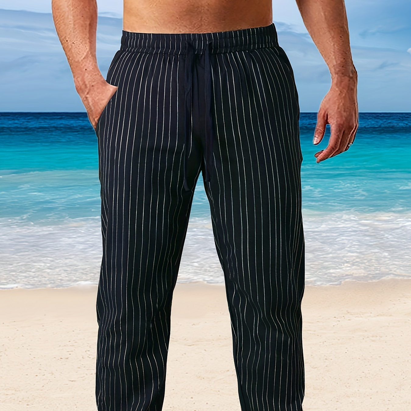 

Men's Loose Casual Pants, Striped Cotton Comfy Long Pants, Outdoor Leisure Holiday