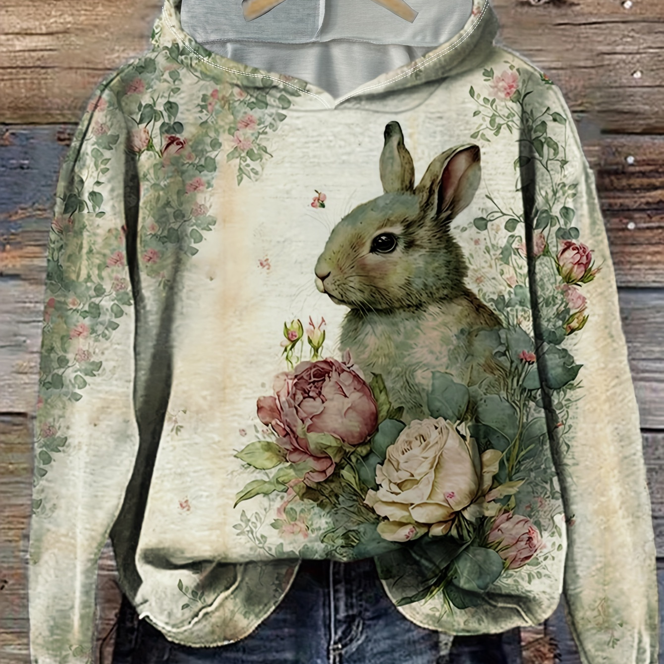 

Charm, Vintage Bunny & Floral Print Women's Hoodie - Cozy Fall/winter Sweatshirt With Rabbit Design, Long Sleeves, And Ribbed Cuffs, Casual Outfits