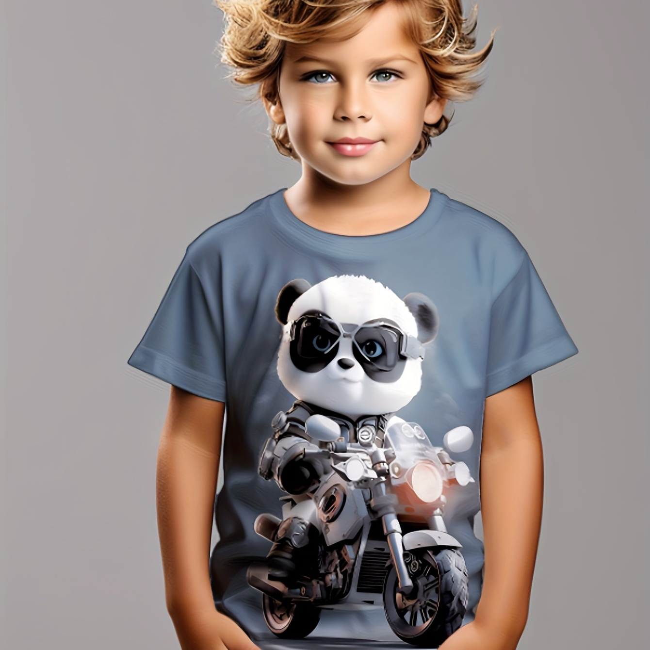 

Cute Panda Riding Motorcycle 3d Print Boy's Creative T-shirt, Casual Versatile Short Sleeve Top, Summer Clothes
