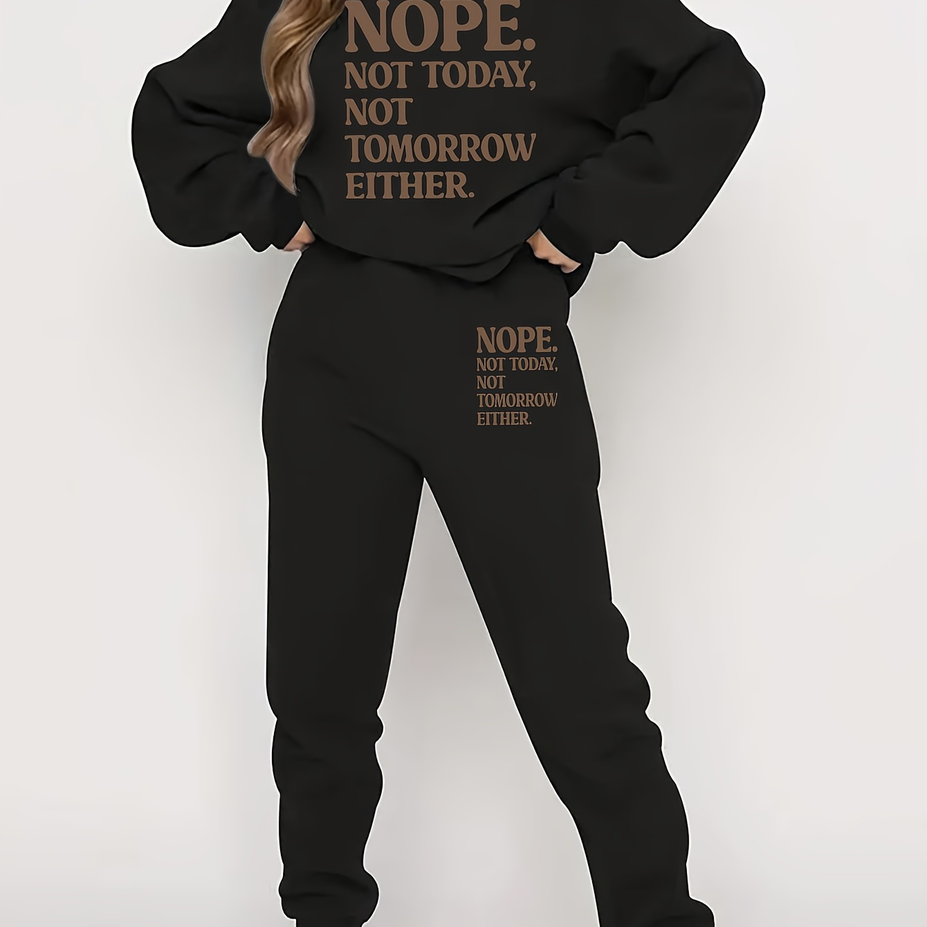 

Women's Casual Letter Print Sweatshirt & Joggers Set - Cozy Polyester, Machine Washable, Crew Neck - Fall/winter