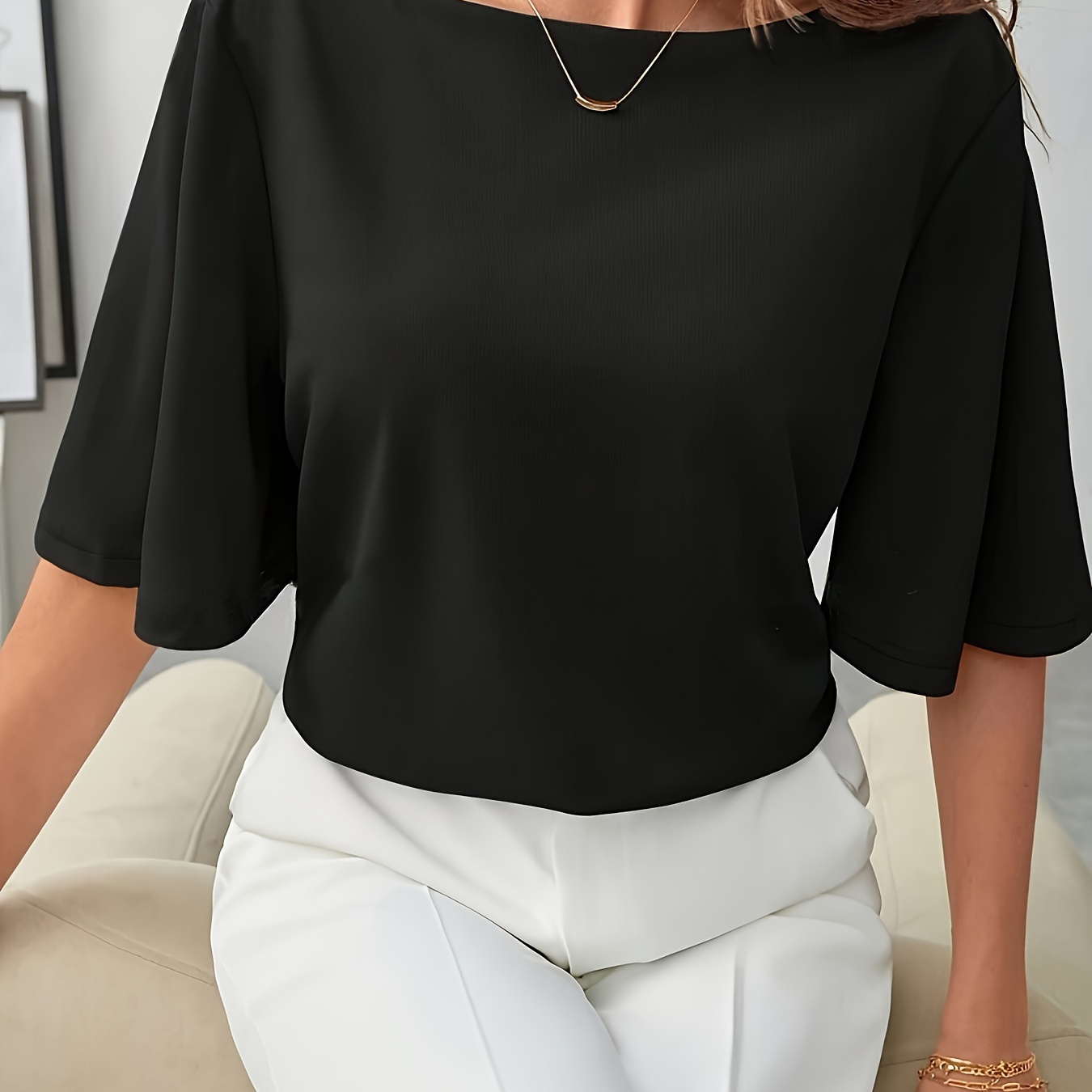 

Boat Neck Flutter Sleeve Top, Casual Solid Color Loose Top For Spring & Summer, Women's Clothing