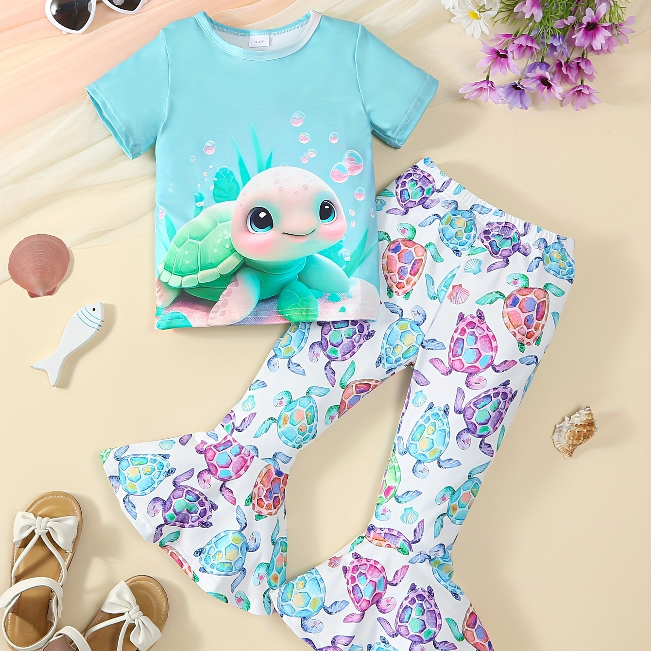 

Marine Turtle Print Girls 2pcs Short Sleeve Graphic T-shirt + Bell Bottom Pants Set, Party Casual Summer Clothes