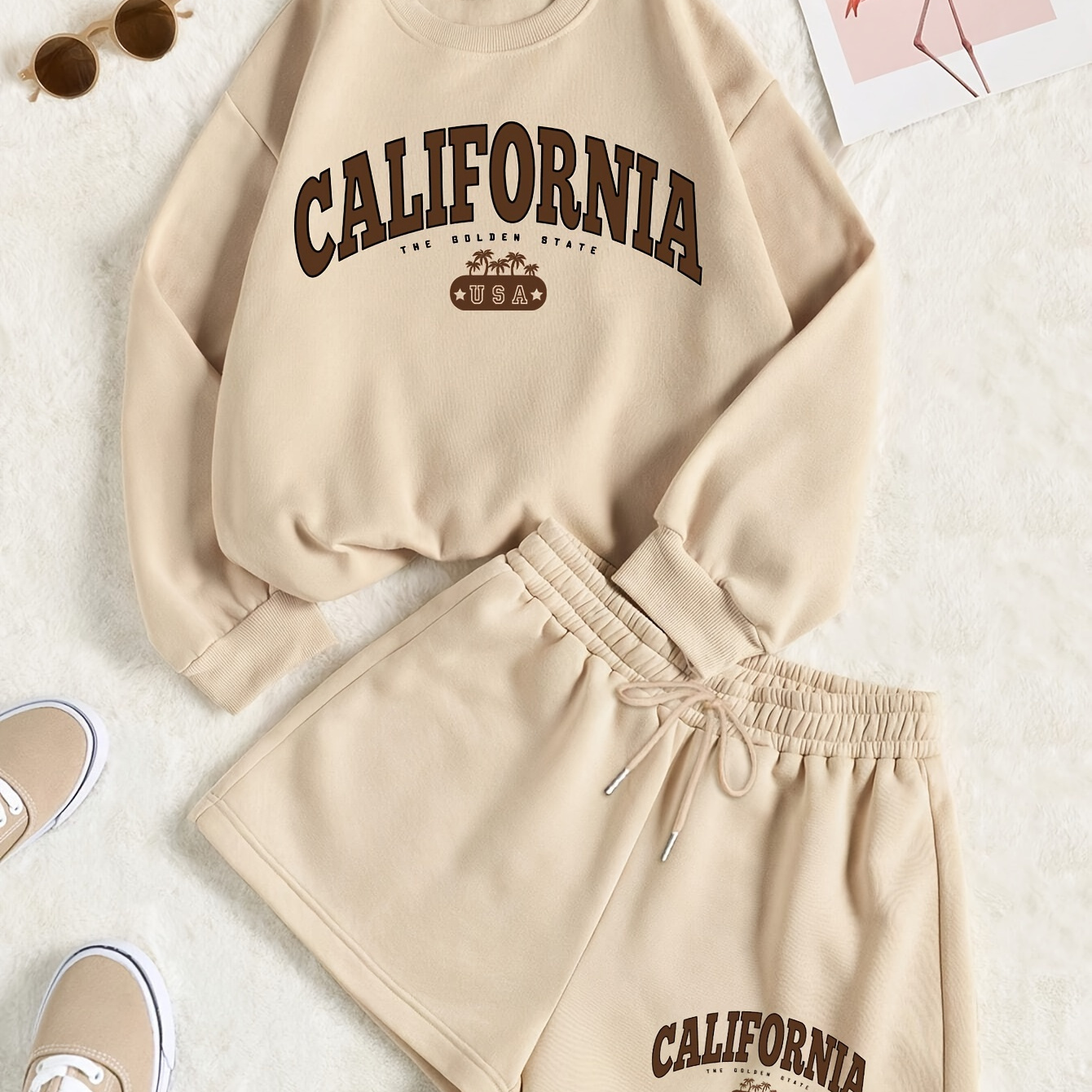 

Women's Crew Neck "california" Graphic Sweatshirt And Drawstring Waist Shorts Set, Casual Sporty Loungewear Outfit